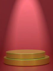 Vertical picture golden geometric sphere background display podium prototype simple podium and commercial product concept red background scene 3d rendering.