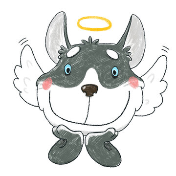 Sticker Of A Husky Puppy In The Form Of An Innocent Angel With A Halo And Wings.