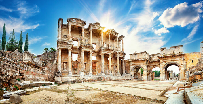 Panorama of the Library of Celsus in Ephesus in the afternoon