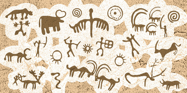 Panel on the ethnic theme. A series of petroglyphs, rock paintings. Vector design.