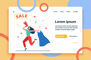 Happy woman holding dress for sale. Clothes, loudspeaker, girl flat vector illustration. Shopping and promotion concept for banner, website design or landing web page