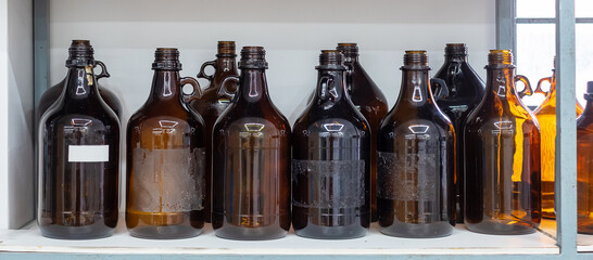 Solvent Bottle in Chemical laboratory. Waste management, hazard, recycle and pollution concept