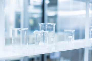 Breaker and glassware in Chemical laboratory. Analysis of Science, biological medical, research and development concepts