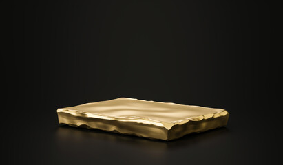 Golden stone plate product background stand or podium pedestal on advertising room display with blank backdrops. 3D rendering.