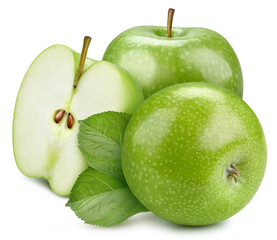 Fresh green apple and cut in slice with leaf isolated