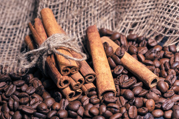 Coffee beans and cinnamon sticks