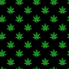 Neon cannabis leaf seamless pattern with green glowing icons on black background. Hemp or marijuana concept for print, wrapping, wallpaper. Vector 10 EPS illustration.