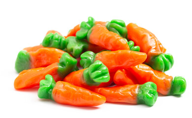 Gummy Candy Carrots on a White Background