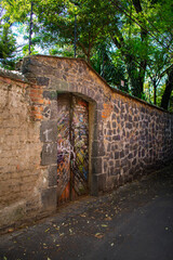 Fototapeta na wymiar Stone wall in alley from Mexico City with trees as background