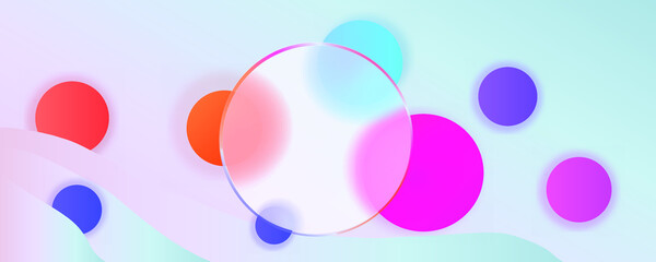 Banner in the Glassmorphism style. Transparent round glass, and behind it blurred circles.
