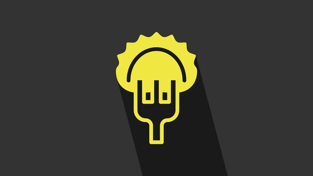Yellow Dumplings on fork icon isolated on grey background. Pierogi, varenyky, pelmeni, ravioli. Traditional Ukrainian food. 4K Video motion graphic animation