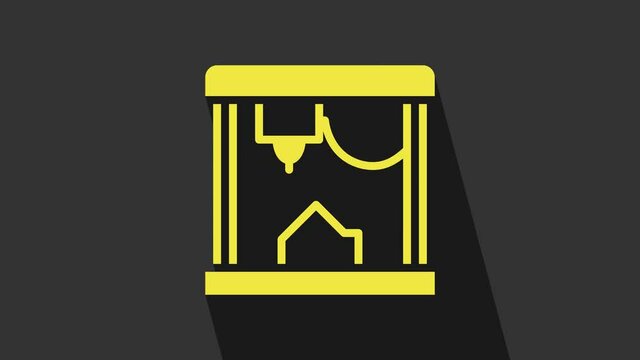 Yellow 3D printer icon isolated on grey background. 4K Video motion graphic animation