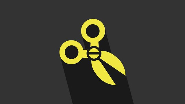 Yellow Scissors icon isolated on grey background. Cutting tool sign. 4K Video motion graphic animation