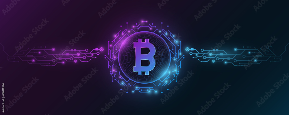 Poster futuristic bitcoin cryptocurrency. concept of digital currency mining. sci-fi design blockchain for 
