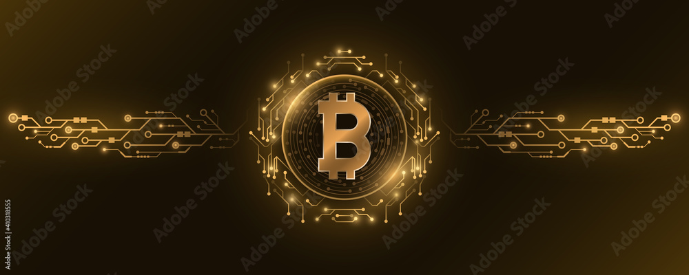 Poster futuristic golden bitcoin digital currency. big cpu data. concept of cryptocurrency mining. sci-fi d