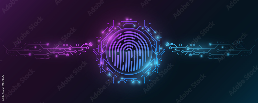 Poster futuristic fingerprint. biometric data security. dashboard display. big data cpu. scan user. touch s