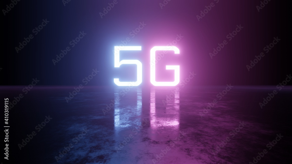 Poster 3d rendering of 5g text with glowing led colors and reflection on grunge dark floor. for mobile data