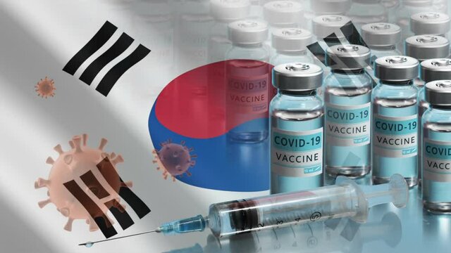 South Korea to launch COVID-19 vaccination campaign. Coronavirus vaccine vials, Covid 19 cells and flag of South Korea. Fighting the epidemic. Research and creation of vaccine. Seamless loop video.