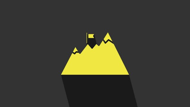 Yellow Mountains with flag on top icon isolated on grey background. Symbol of victory or success concept. Goal achievement. 4K Video motion graphic animation