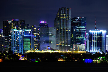 Miami. Miami business district, lights and reflections of the city lights.