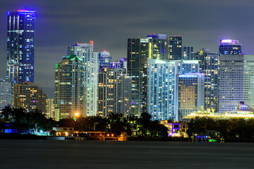 Fototapeta na wymiar Miami business district, lights and reflections of the city lights. Miami night.