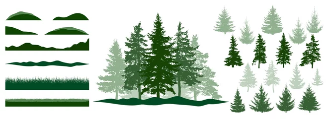 Foto op Plexiglas Forest, constructor kit. Silhouettes of beautiful spruce trees, grass, hill. Collection of element for create beautiful forest, park, woodland, landscape. Vector illustration. © nosyrevy