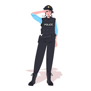 policewoman in tactical gear riot police officer standing pose protesters and demonstration control concept full length vector illustration