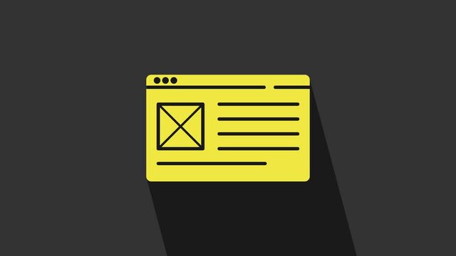 Yellow Browser window icon isolated on grey background. 4K Video motion graphic animation