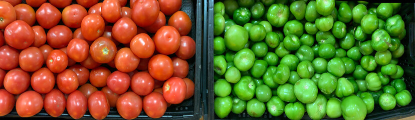 Tomates verdes y rojos verduras presentadas a consumidores en un mercado