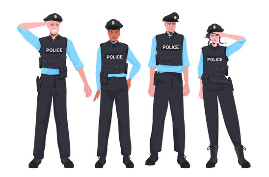 mix race policemen in tactical gear standing together riot police officers protesters and demonstration riots mass control concept horizontal full length vector illustration