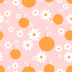 Seamless pattern with oranges and little flower on pink background vector illustration.