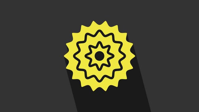 Yellow Bicycle cassette mountain bike icon isolated on grey background. Rear Bicycle Sprocket. Chainring crankset with chain. 4K Video motion graphic animation
