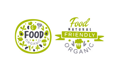 Natural Friendly Organic Food Logo Templates Design, Fresh Natural Products, Healthy Premium Quality Food Vector Illustration
