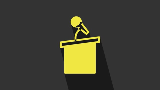 Yellow Stage stand or debate podium rostrum icon isolated on grey background. Conference speech tribune. 4K Video motion graphic animation
