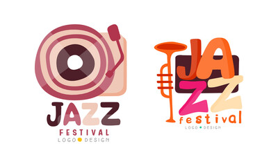 Jazz Festival Logo Design Set, Musical Event Labels Cartoon Vector Illustration