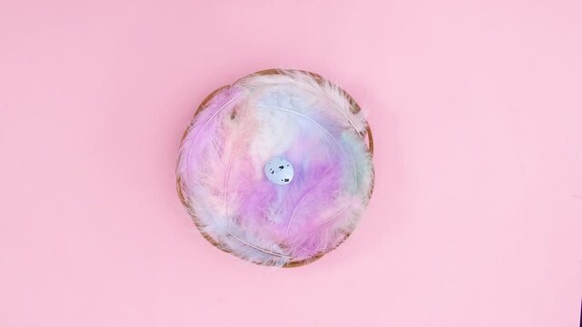 Easter eggs appear in wooden basket with feathers. Stop motion