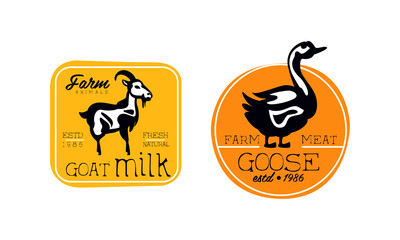 Fresh Farm Products Logo Design Templates Set, Organic Meat, Goat Milk Retro Labels, Farm Market, Butchery Shop Badges Cartoon Style Vector Illustration
