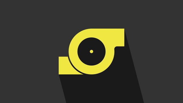 Yellow Automotive turbocharger icon isolated on grey background. Vehicle performance turbo. Turbo compressor induction. 4K Video motion graphic animation