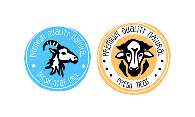 Farm Products Logo Design Templates Set, Fresh Meat, Goat Milk Retro Labels, Farm Market, Butchery Shop Badges Cartoon Style Vector Illustration