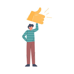 Man Holding Thumb Up Sign in his Hand, Follower Giving Like Expressing Agreement, Social Media Networking Concept Vector Illustration