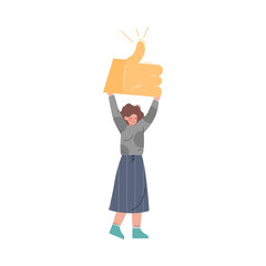 Young Woman Holding Thumb Up Sign in her Hands, Girl Follower Giving Like Expressing Agreement to Media Blogger or Post, Social Media Networking Concept Vector Illustration