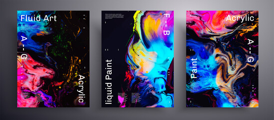 Abstract liquid banner, fluid art vector texture pack.Artistic background that can be used for design cover, invitation, flyer and etc. Pink, blue, yellow and black creative iridescent artwork