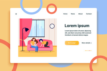 Happy parents playing with infant on sofa. Son, couch, baby flat vector illustration. Family and parenthood concept for banner, website design or landing web page