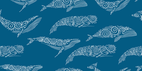 Wild Whales with Ethnic Ornaments. Seamless Pattern for your design © Kudryashka
