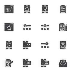 Customer reviews vector icons set, modern solid symbol collection, filled style pictogram pack. Signs, logo illustration. Set includes icons as survey, comment, customer testimonials, feedback