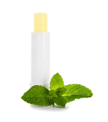 Natural lip balm with mint on white background