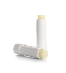Natural lip balms on white background