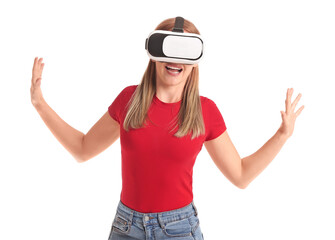 Obraz na płótnie Canvas Young woman with virtual reality glasses on white background