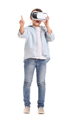 Little girl with virtual reality glasses on white background