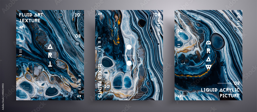 Wall mural Abstract vector poster, set of modern design fluid art covers. Trendy background that can be used for design cover, poster, brochure and etc. Black, navy blue and golden creative iridescent artwork